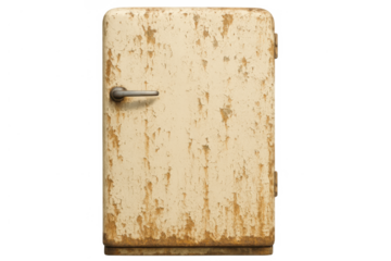 Retro rusty refrigerator with peeling paint and metal handle, vintage appliance isolated on transparent background