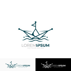 small boat logo in the middle of the ocean, line style design