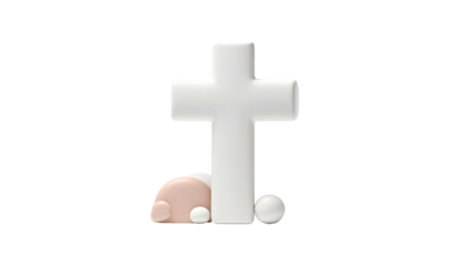 A white cross, with a light-skinned figure kneeling below it against black
