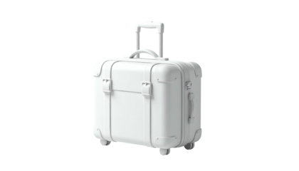 White, retro-styled wheeled suitcase isolated on black background, clean and minimalist
