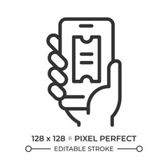 Hand holding smartphone with e ticket pixel perfect line icon. Payment fares. Digital service for passengers. Isolated vector illustration. Outline symbol. Simple linear drawing. Editable stroke