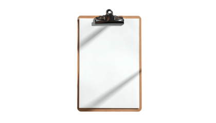 A wooden clipboard with a blank white paper on a black background, lit with shadows