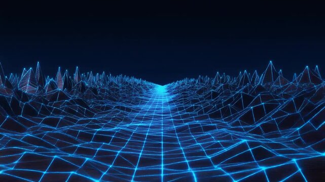Glowing blue digital wireframe landscape flows across a dark cyberspace void representing data visualization, artificial intelligence, futuristic technology, plus retro 80s aesthetic