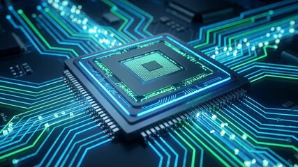 Futuristic microchip illuminated with glowing blue and green lights on a dark circuit board background, showcasing intricate pathways and data flow - Powered by Adobe