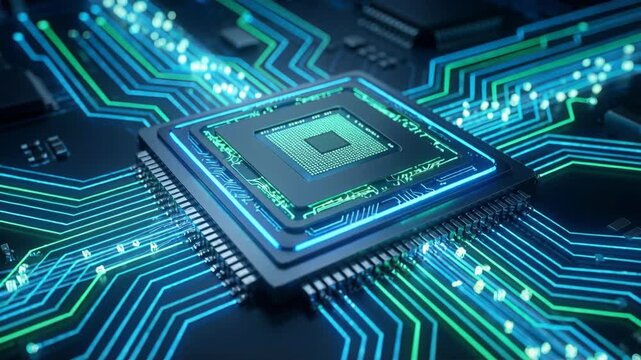 Futuristic microchip illuminated with glowing blue and green lights on a dark circuit board background, showcasing intricate pathways and data flow
