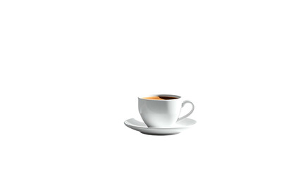 A single white coffee cup, filled with dark espresso, on a saucer against a black backdrop