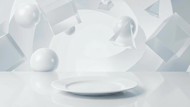 A clean white abstract background features floating 3D geometric shapes including cubes spheres and pyramids arranged around a central empty white