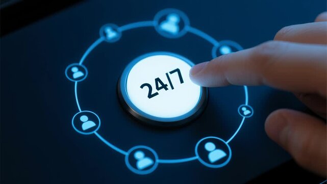 KYC Know your customer concept. 24/7 service button pressed digital screen with social media connection, business marketing, digital assessment, continuous customer support, and online network