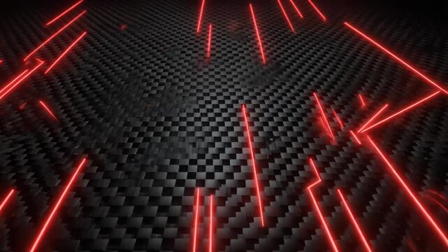 Futuristic Carbon Fiber Background with Dynamic Red Neon Lines.