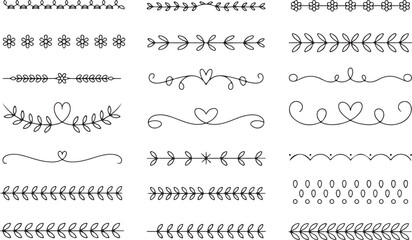 Obraz premium Collection of ornamental dividers and borders with floral leaves hearts and dots in hand drawn style on checkered background