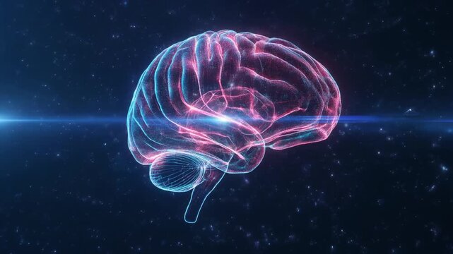 A digital glowing human brain model pulses and glows in dark cosmic digital space background with lens flare representing artificial intelligence neuroscience and mental health technology medical