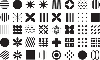 Collection of various geometric shapes and patterns in black color isolated on a transparent background vector illustration