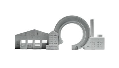 Monochrome illustration depicts buildings connected by a looping pathway, resembling a toy track