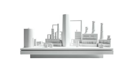 Monochromatic illustration of a white industrial complex against a stark black background