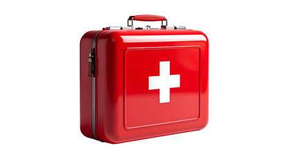 Fototapeta premium Shiny red medical case with a white cross emblem, isolated on a black background