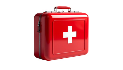 Shiny red medical case with a white cross emblem, isolated on a black background