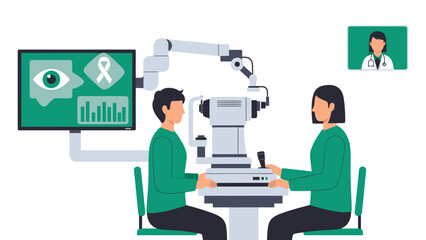 Medical Professionals Conducting Modern Telehealth Consultation Using Advanced Ophthalmology Equipment