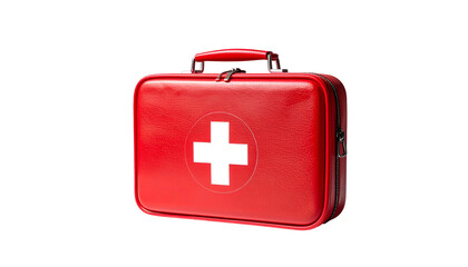 Obraz premium Shiny, red, rectangular case with white cross, handle, and zipper against black background