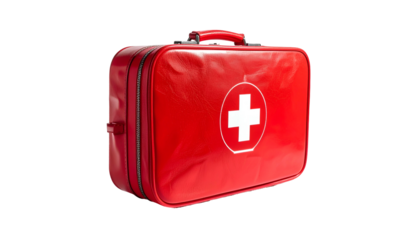 Red, rectangular medical kit with white cross icon, isolated on black background