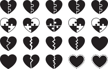 Variety of heart shaped vector icons including puzzle pieces broken hearts and outline designs