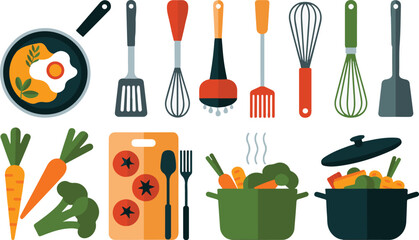 Collection of kitchen utensils and fresh vegetables on a transparent background, healthy food and cooking elements