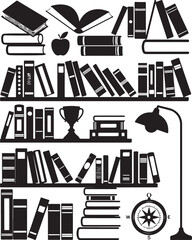 Silhouettes of books stacked on shelves and loose, representing knowledge and education, classic library scene