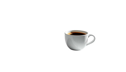 A white coffee cup filled with dark coffee sits against a black background