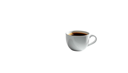A white coffee cup filled with dark coffee sits against a black background