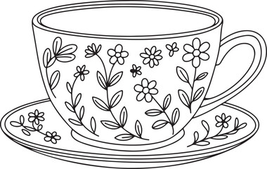 floral teacup and saucer outline drawing with transparent background for creative projects