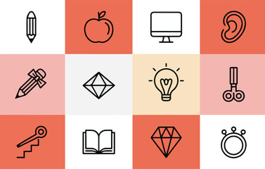 set of 12 minimalist flat icons in pastel background for creative and business themes