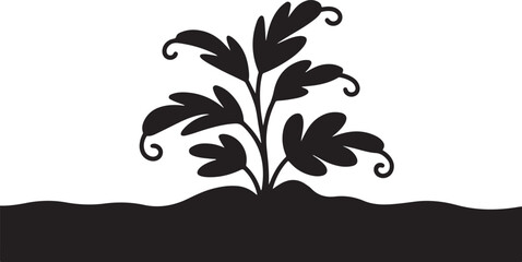 black silhouette of a healthy plant growing in soil with transparent background