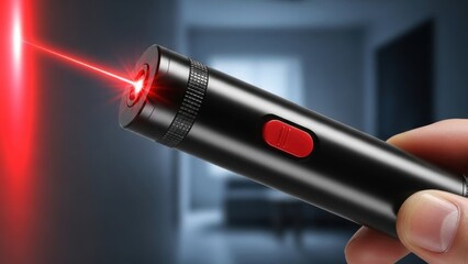 Person aiming a high-tech black laser pointer emitting a bright red beam in a dimmed interior