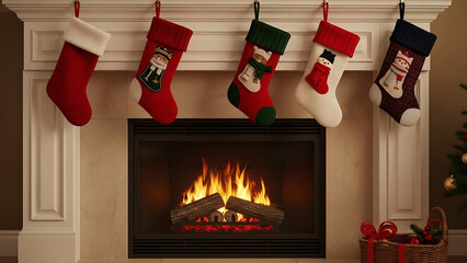 Christmas stockings hanging on a fireplace mantel with a warm fire burning below.