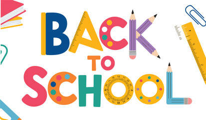 Back to school colorful letter typography with school supplies like rulers pencils and paper clips