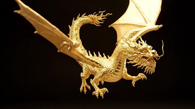 An ornate golden sculpture of a flying winged dragon against a solid black background