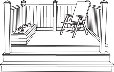 Sketch drawing of wooden deck with chairs planter and stairs isolated on transparent background vector