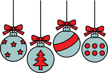 Four festive christmas ornaments with red bows and various patterns, hanging against transparent background, seasonal decorations