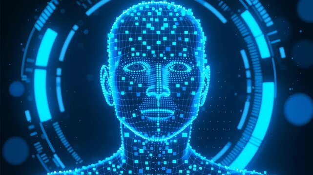 Digital human face glowing blue grid lines target service social media marketing assessment business innovation technology advancement futuristic concept