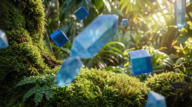 Blue crystals and geometric cubes levitate amidst a verdant forest floor covered in moss. Soft golden sunlight streams through overhead leaves