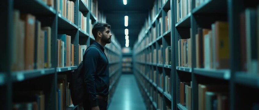 Man explores dimly lit library aisle; camera gently tracks sideways as ambient lights flicker; cinematic and introspective ambiance with ample copy space for text overlay.
