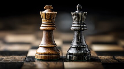 Fototapeta premium Close-up of a wooden chessboard, highlighting two king chess pieces, one light and one dark, standing face-to-face
