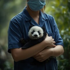 Veterinarian holding a giant panda cub