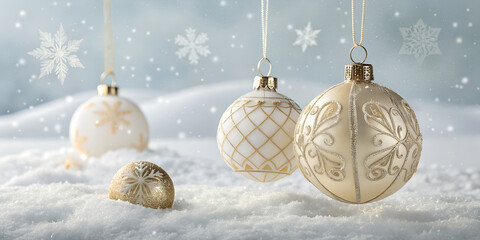 Golden snowflake ornaments resting on winter frost with falling snow and festive sparkle for luxury christmas celebration and seasonal holiday background