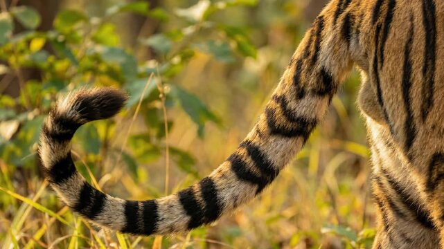 A close view of a tiger's striped tail as it rests in tall green grass, illuminated by warm, golden sunlight filtering through the surrounding