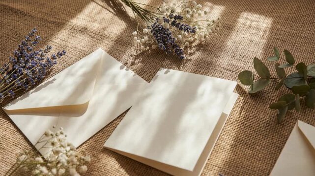 A flat lay composition featuring blank stationery cards and envelopes on a textured burlap surface, adorned with dried lavender and baby's breath