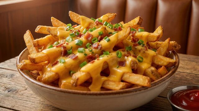 Heap of golden french fries topped with melted cheddar cheese crispy bacon bits and fresh green onions served in a bowl with a side of ketchup