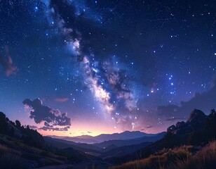 Beautiful nightscape featuring a galaxy, mountains, and twilight sky