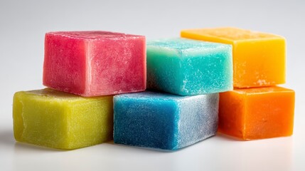 Close-up studio shot of a vibrant assortment of colorful, square-shaped, translucent blocks stacked on a white surface