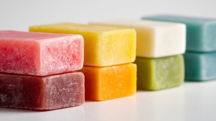 Close-up of stacked, colorful, rectangular objects in various hues. The objects are arranged in pairs on a bright, white surface. Focus is near