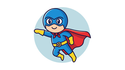 Cute blue superhero with red cape flying in the sky, a brave character ready for action